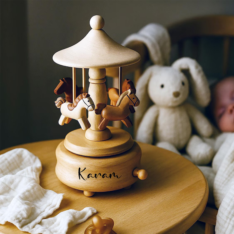 Personalized Wooden Carousel Music Box Newborn Baby Keepsake Mother's Day Gift