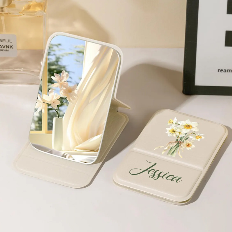 Personalized Square Makeup Mirror Pocket Mirror with Custom Name and Flowers Mother's Day Gift for Her