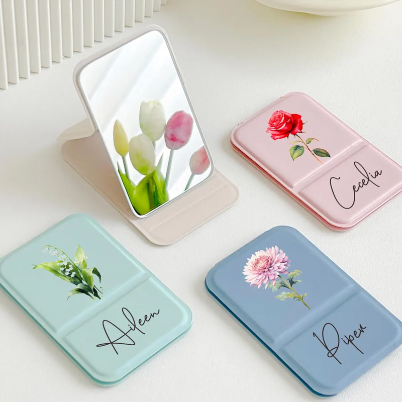 Personalized Square Makeup Mirror Pocket Mirror with Custom Birth Flower and Name Mother's Day Gift