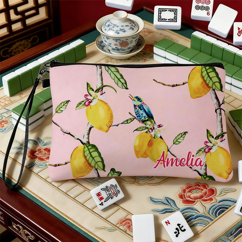 Personalized Mahjong Name Linen Handbag Pink Bird and Lemon with Zipper and Wrist Strap Gift for Mahjong Lovers