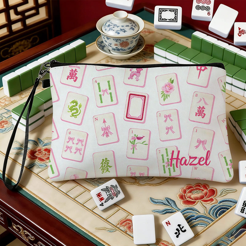 Personalized Mahjong Name Linen Handbag Pink Bow with Zipper and Wrist Strap Gift for Mahjong Lovers