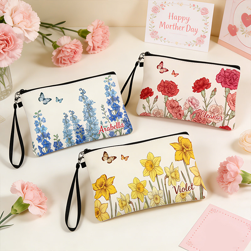 Personalized Name Linen Handbag Mother's Day Birthday Flowers with Zipper and Wrist Strap Gift for Mom
