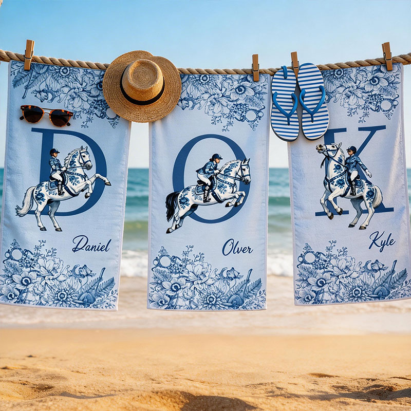 Personalized Equestrian Beach Towel Custom Name Monogram Horse Riding Gift Blue Floral Coastal Towel for Kids & Adults