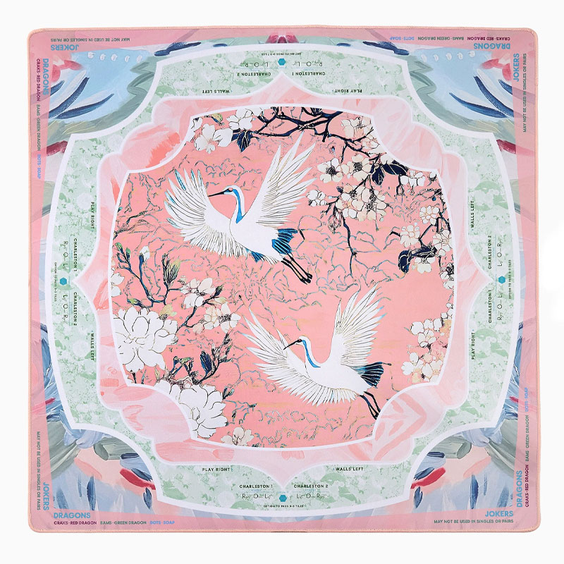 Pink Aesthetic Mahjong Mat Vintage Chinese Crane & Floral Table Pad