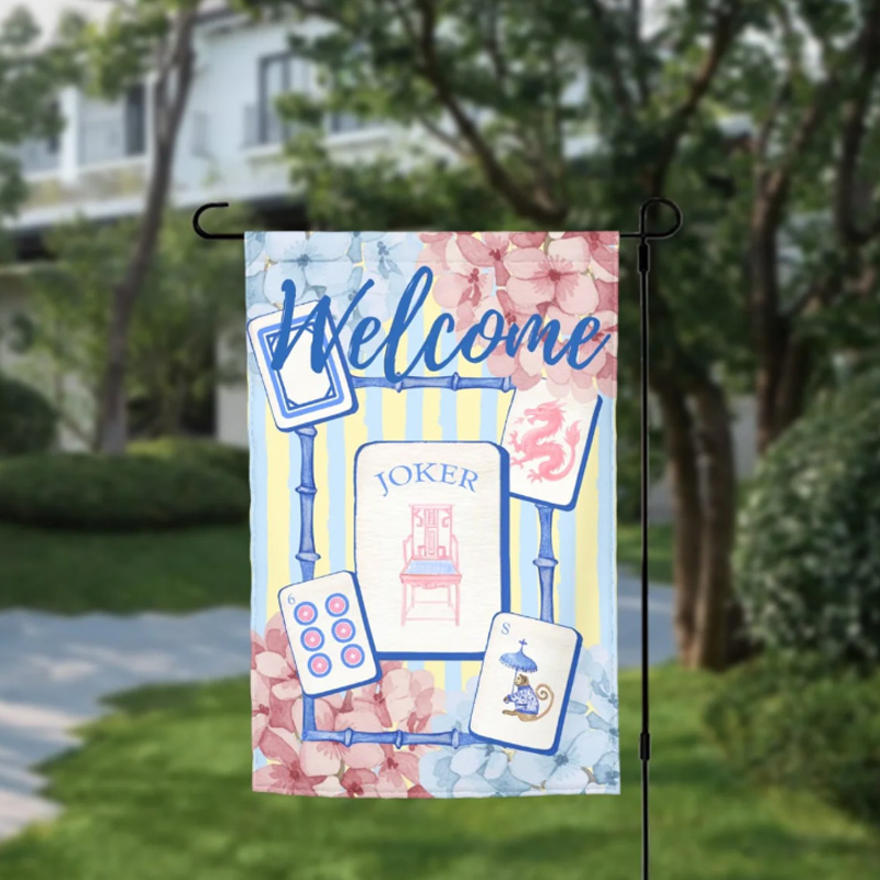 Mahjong Tile Welcome Garden Flag Floral Bamboo Game Yard Decor