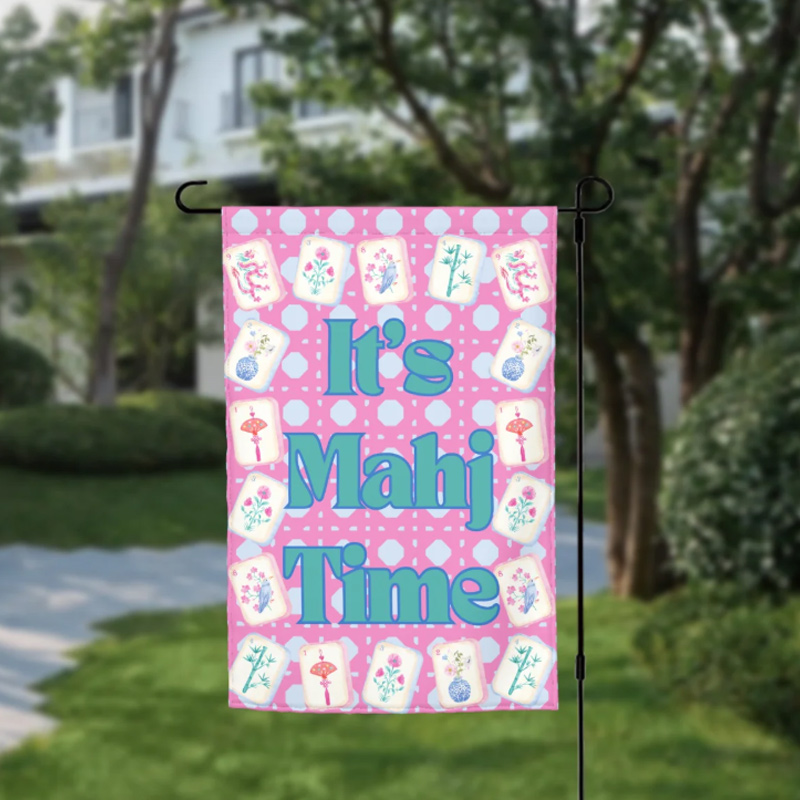 Pink Polka Dot Mahjong Garden Flag "It's Mahj Time" Floral Banner