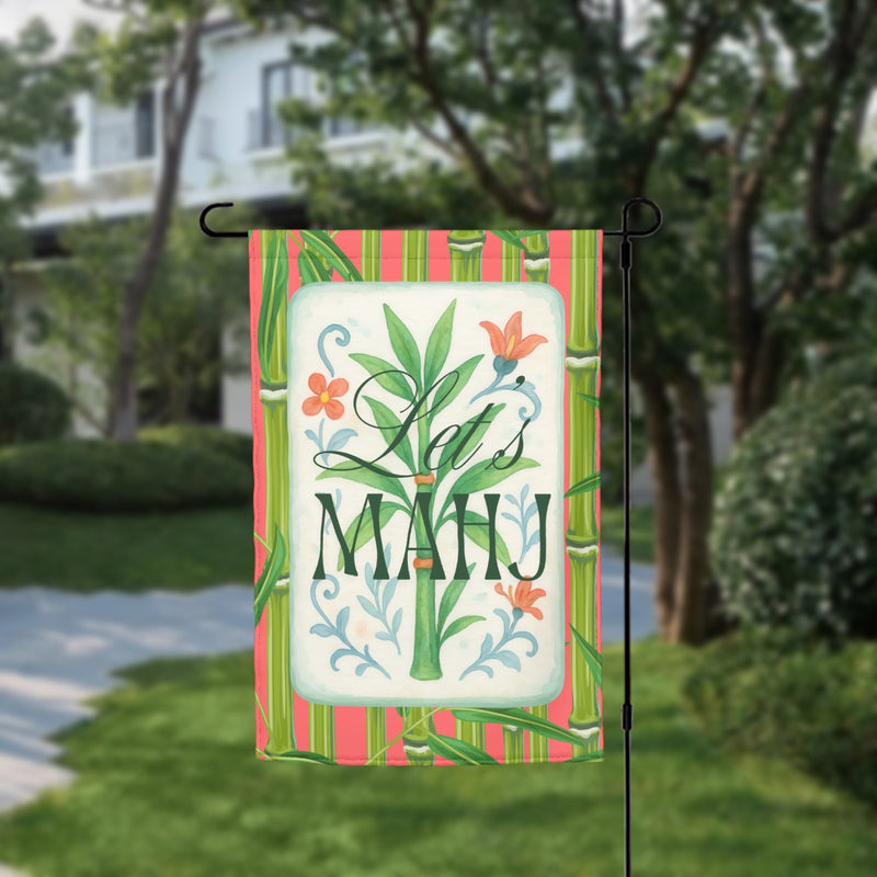 Vintage Bamboo & Floral Mahjong Welcome Flag Red Striped Garden Banner