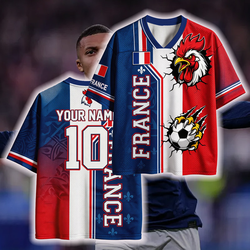 Personalized France Fan Mesh Jersey Custom Name Number Soccer T Shirt Rooster Supporter Gift for Soccer Fans