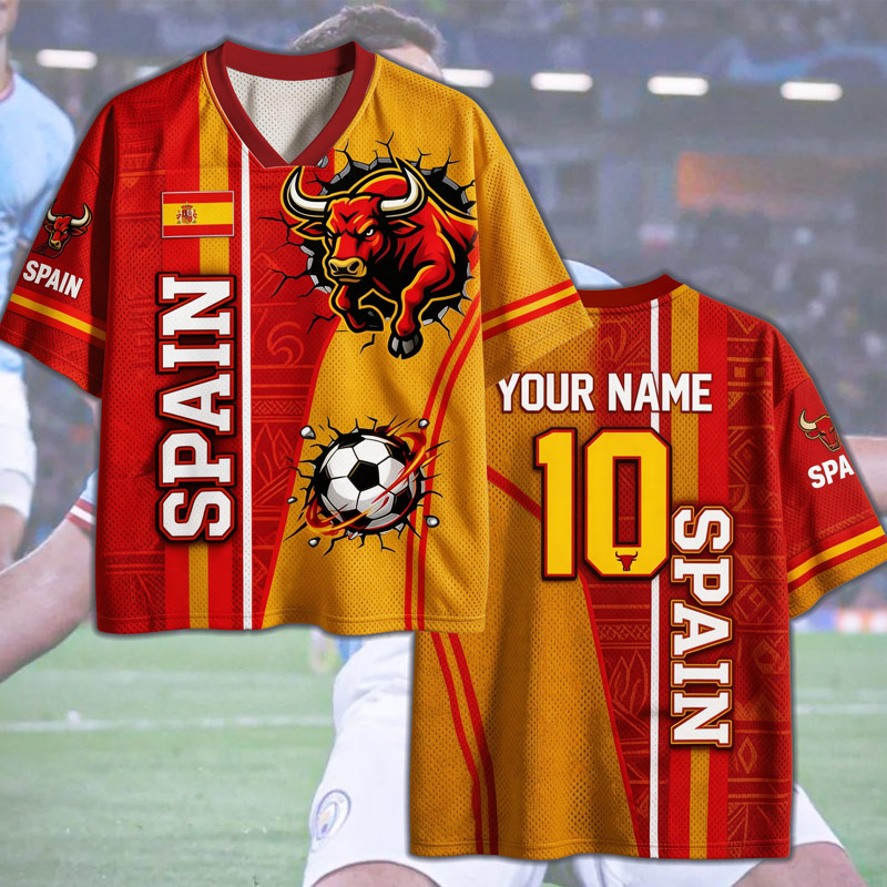 Personalized Spain Fan Mesh Jeresy Shirt Custom Name Number Soccer T Shirt Bull Supporter Gift