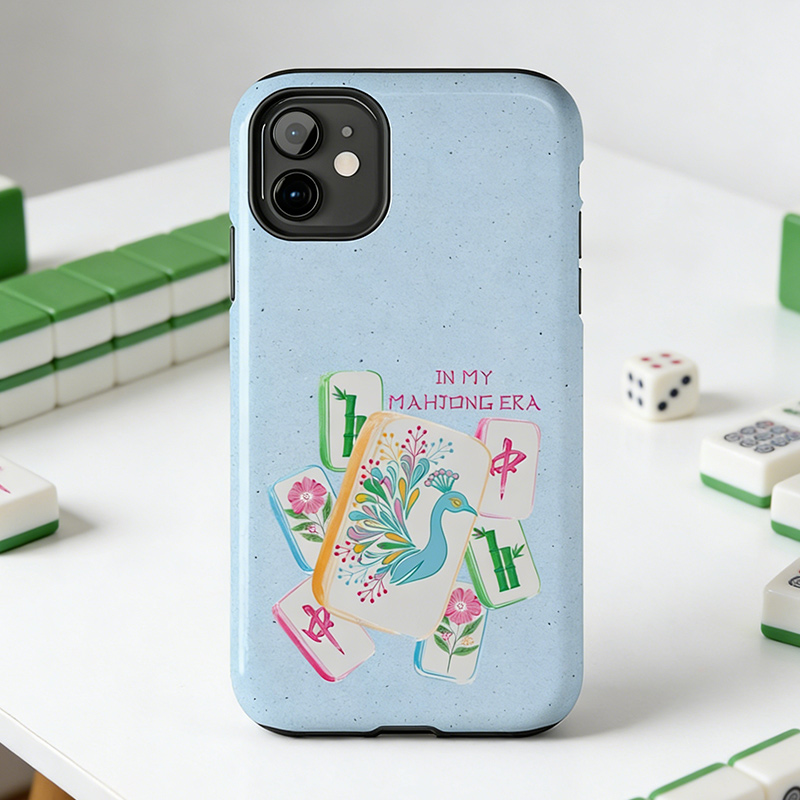 Mahjong Phone Case In My Mahjong Era Cute Peacock Floral Mahjong Tile Design for Mahjong Lovers