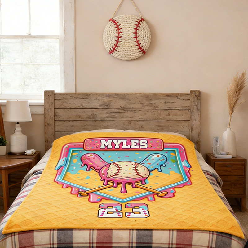 Personalized Baseball Blanket with Melting Ice Cream Baseball Custom Name and Number Baseball Lovers