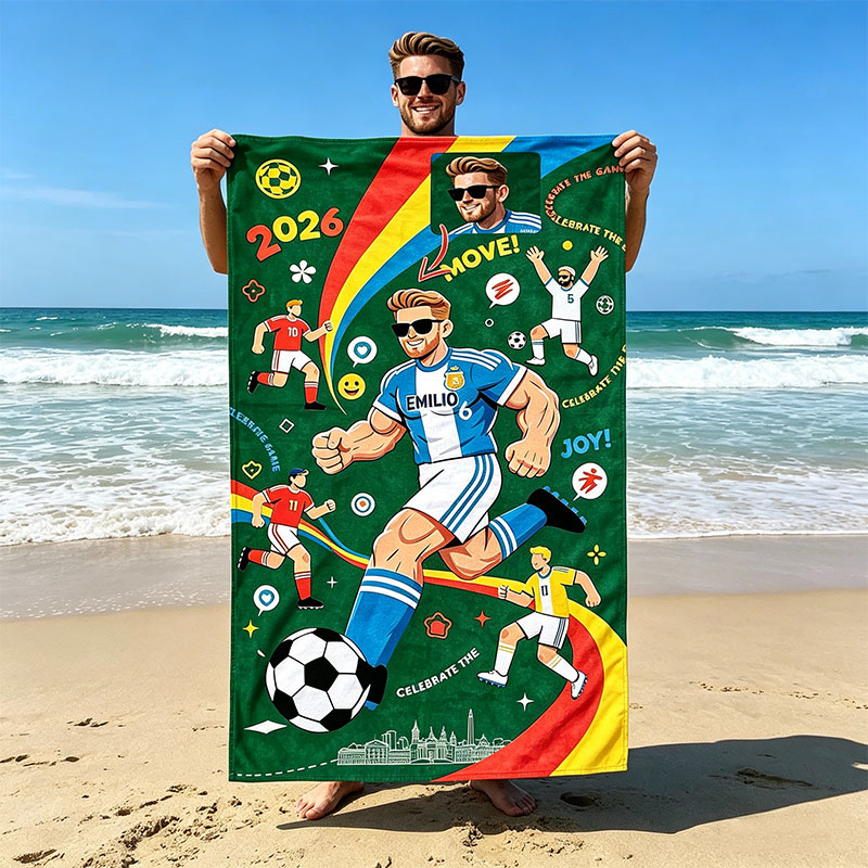 Personalized Cartoon Football Player Print Beach Towel 2026 Quick-Dry Oversized Bath Towel Custom Name Number for Soccer Fans Summer Travel