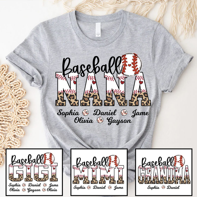 Personalized Leopard Baseball Softball Nana Custom Grandma And Grandkids T-shirt Gift for Mom