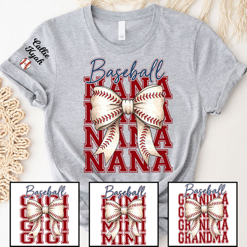 Personalized Bow Tie Baseball Softball Mama T-Shirt Customized with Names Gift for Baseball and Softball Moms and Grandmas