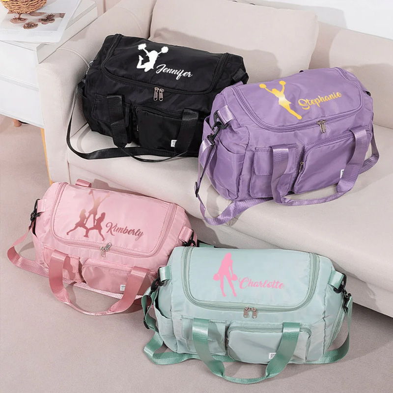 Personalized Cheerleader Silhouette Multi-Compartment Large Travel Bag with Name and Shoulder Strap Cheerleading Gift for Women Girls