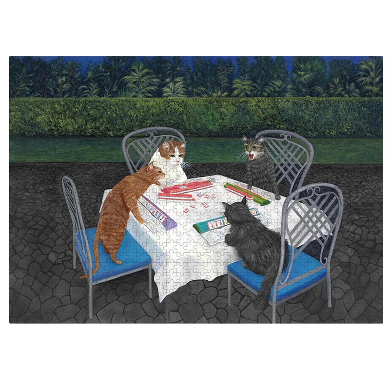 Cats Playing Mahjong Jigsaw Puzzle Whimsical Feline Garden Gift for Mahjong Lovers