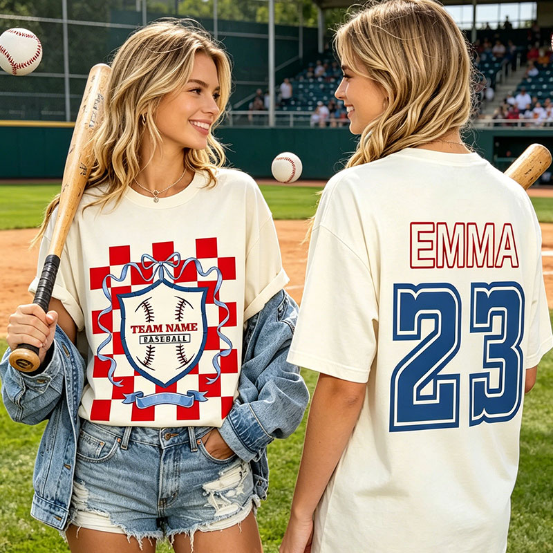 Personalized Baseball T-Shirts with Checkered Bows Gift for Baseball Fans