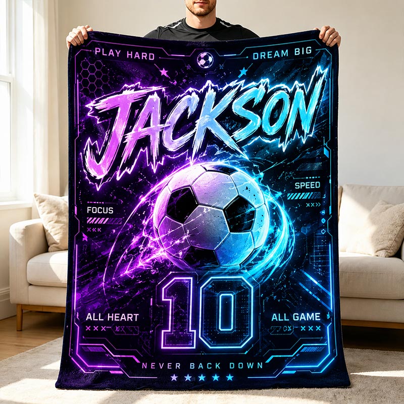 Personalized Football Flannel Blanket Neon Electronic Custom Name & Number Gift for Football Lovers