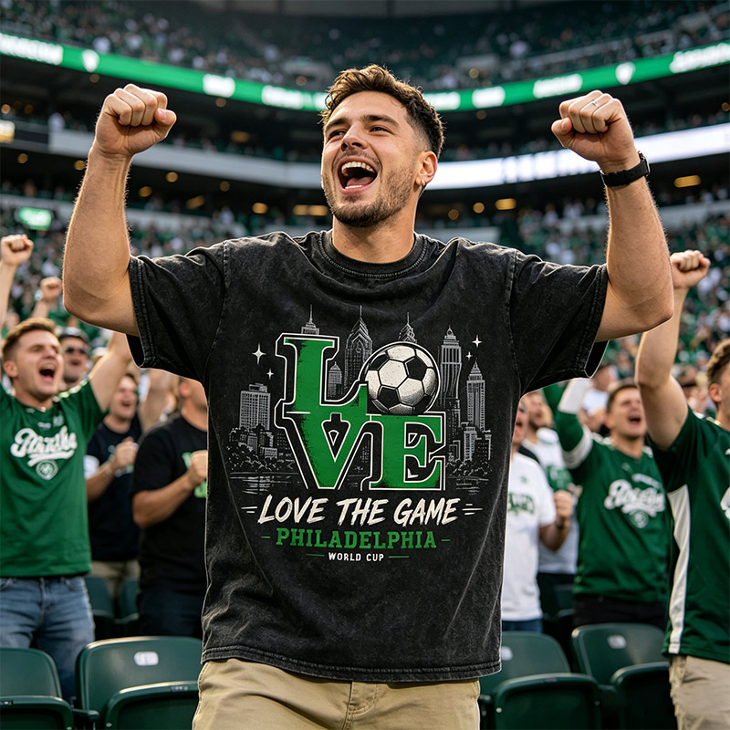 Vintage Wash “LOVE THE GAME” Football T‑Shirt Philadelphia Skyline World Cup Graphic Tee Gift for Football Fans