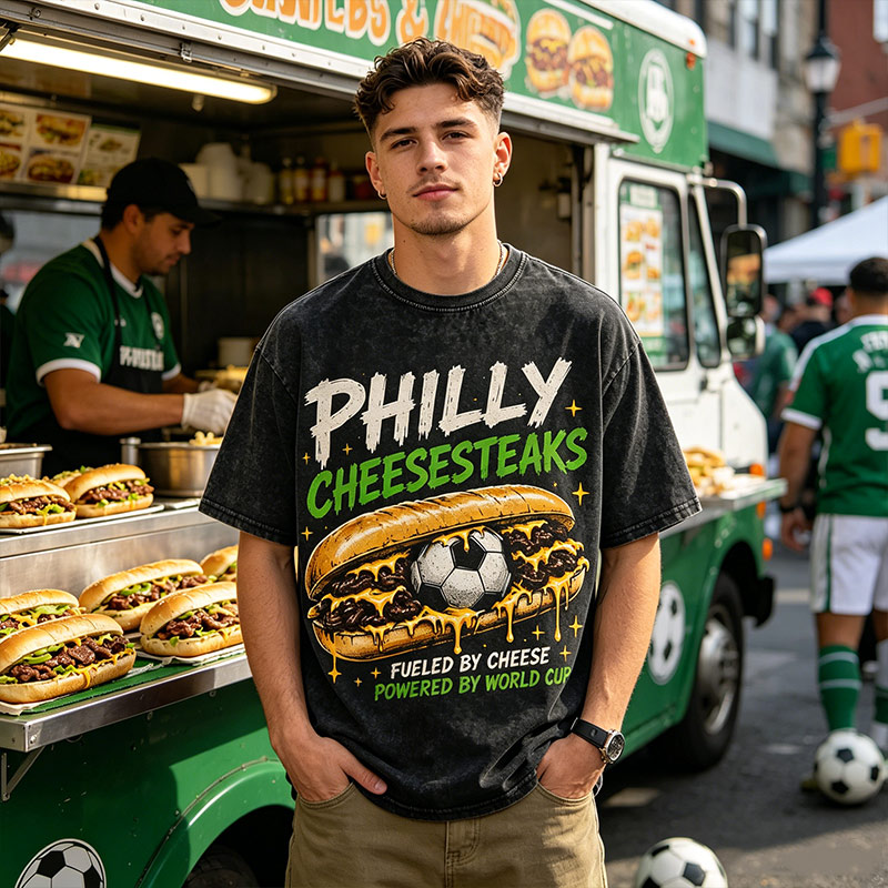 Vintage Washed Tee Philly Cheesesteaks Soccer T‑Shirt Fueled by Cheese Powered by World Cup Graphic Tee