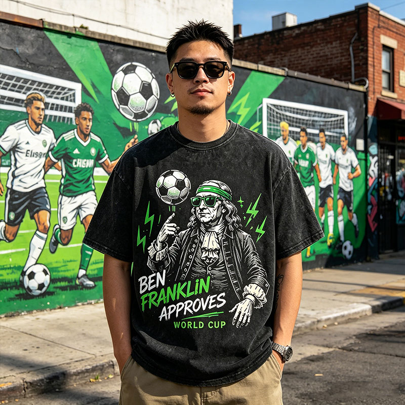 Vintage Washed Soccer T‑Shirt Ben Franklin Approves World Cup Philly Graphic Tee