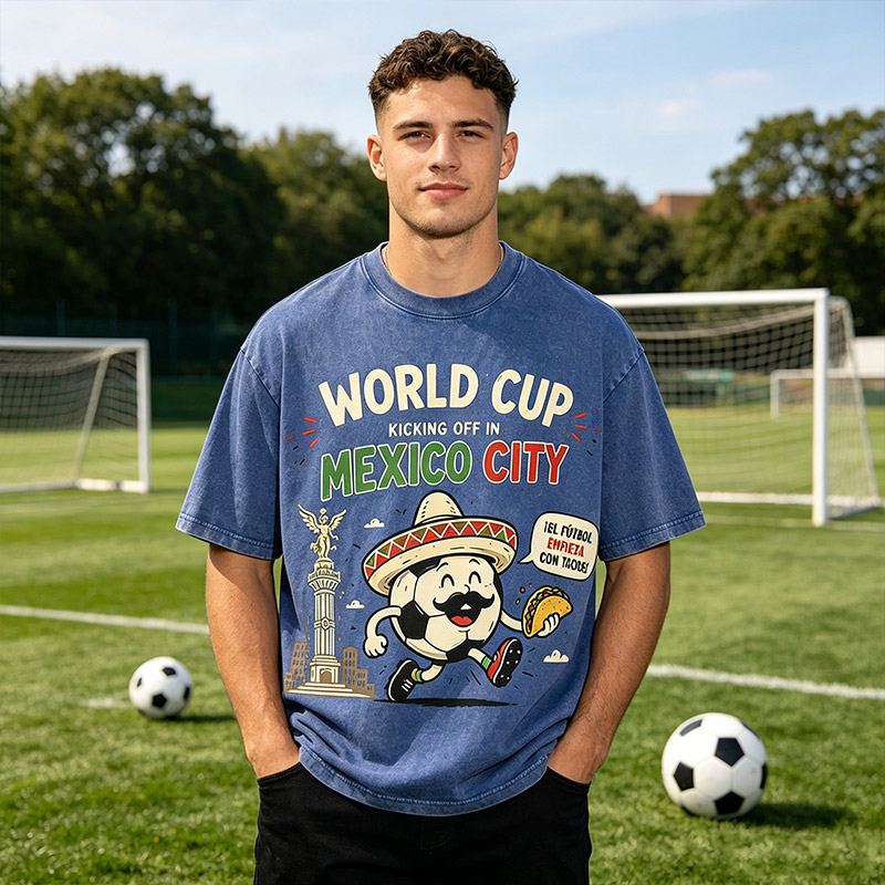 Vintage Washed T‑Shirt World Cup Mexico City Retro Sombrero Football Mascot Graphic Tee