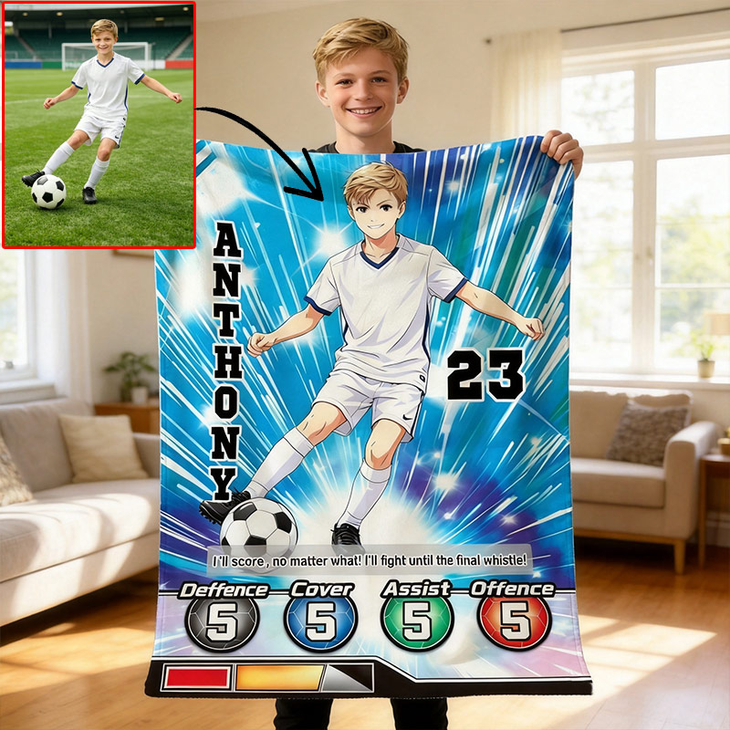 Personalized Football Flannel Blanket with Passionate Anime Soccer Customizable Photo Name and Number for Football Lovers