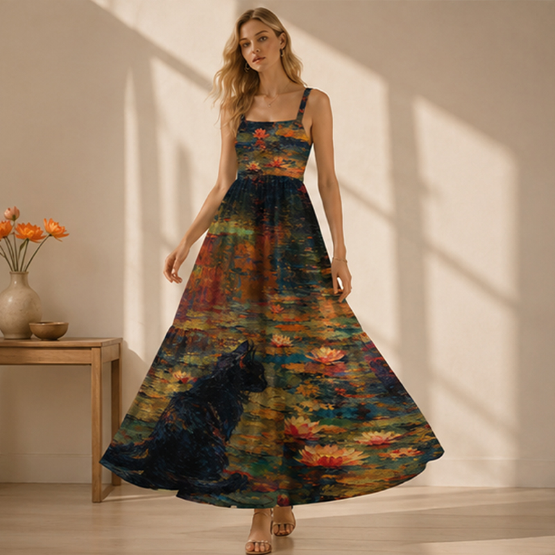 Oil Painting Black Cat Water Lily Impressionist Maxi Dress