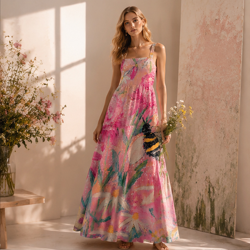Oil Painting Pink Garden Bee Hand‑Painted Maxi Dress