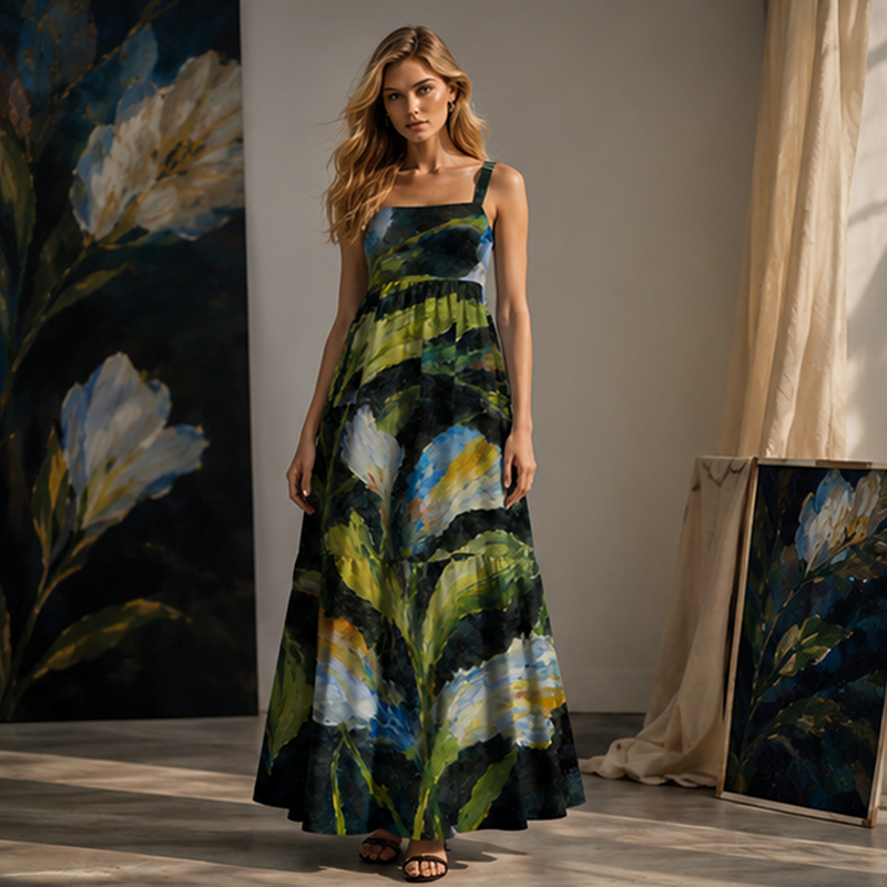 Oil Painting Green Tropical Impressionism Maxi Dress