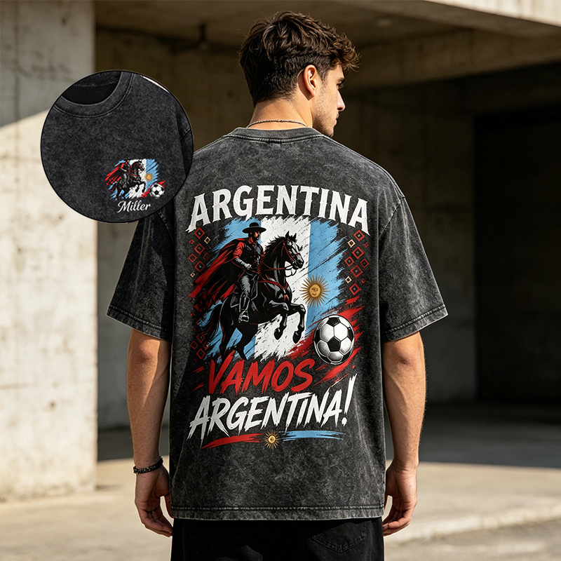 Personalized Football Washed T-shirt Vamos Argentina Gaucho Custom Name Gift for Argentina Football Fans