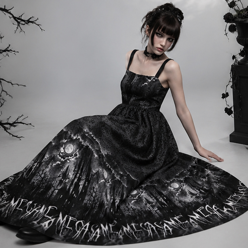 Personalized Gothic Maxi Dress Dark Castle Moon with Custom Name for Her