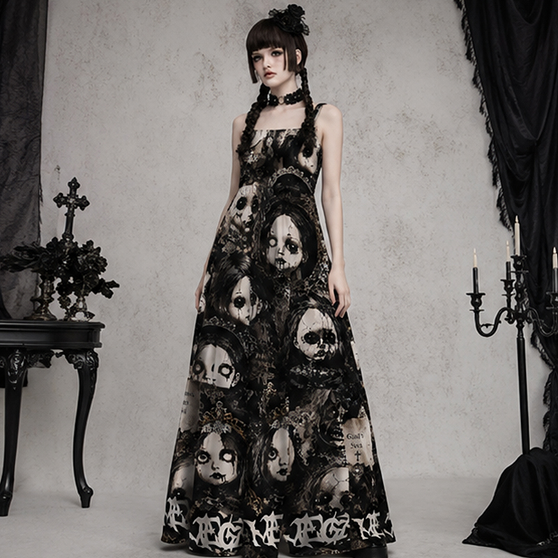 Personalized Gothic Maxi Dress Cracked Horror Doll Print with Custom Name for Her