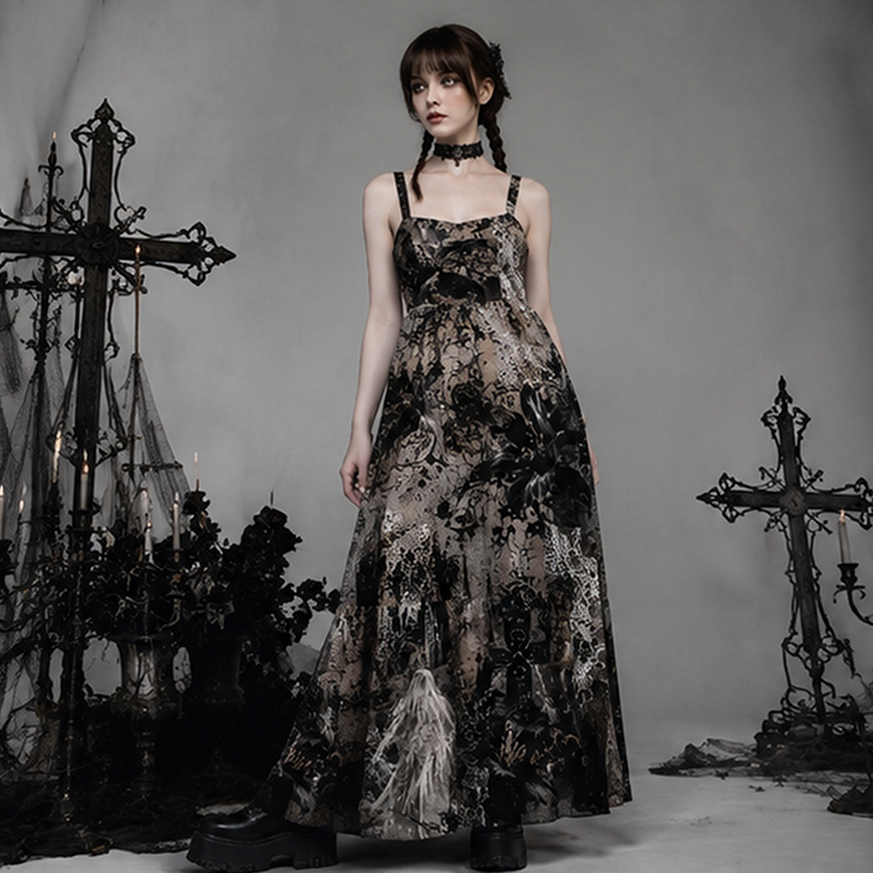 Gothic Maxi Dress Graveyard Ghost Cross Print Gift for Gothic Lovers
