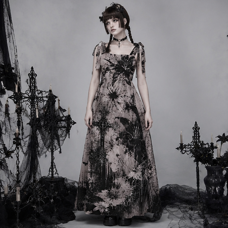 Gothic Maxi Dress Grunge Cross Floral Butterfly Print Tie Strap Tiered Maxi Dress