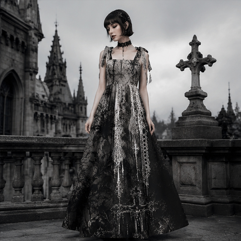 Gothic Maxi Dress Gothic Lace Cross Floral Print Tie Shoulder Strap Flowy Maxi Dress