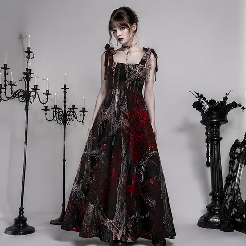 Gothic Maxi Dress Gothic Red Spider Web Rose Print Tie Shoulder Strap Flowy Maxi Dress
