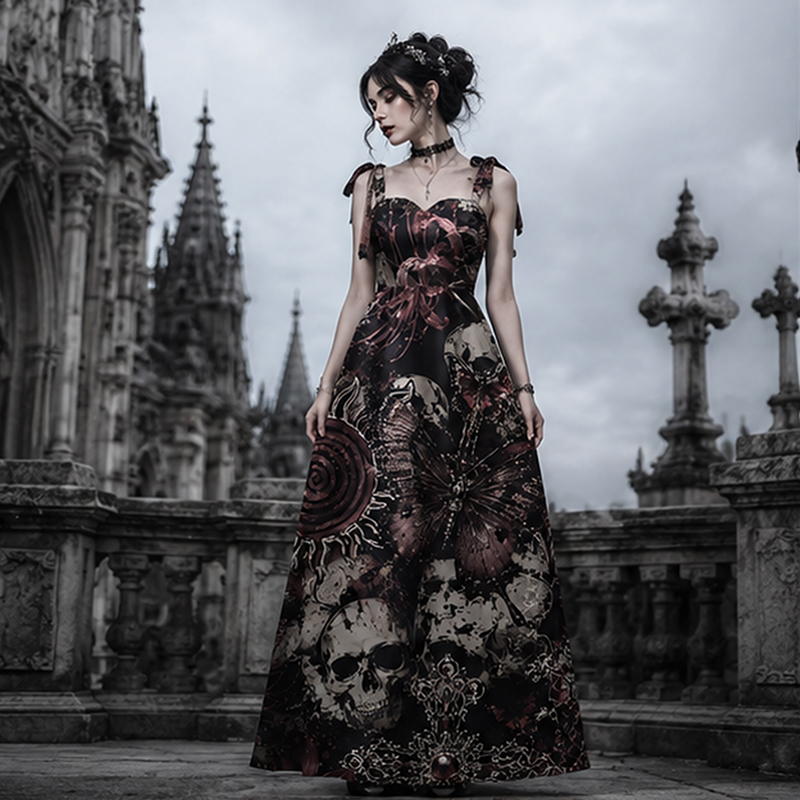 Gothic Maxi Dress Gothic Skull Red Spider Lily Butterfly Cross Print Tie Strap Maxi Dress