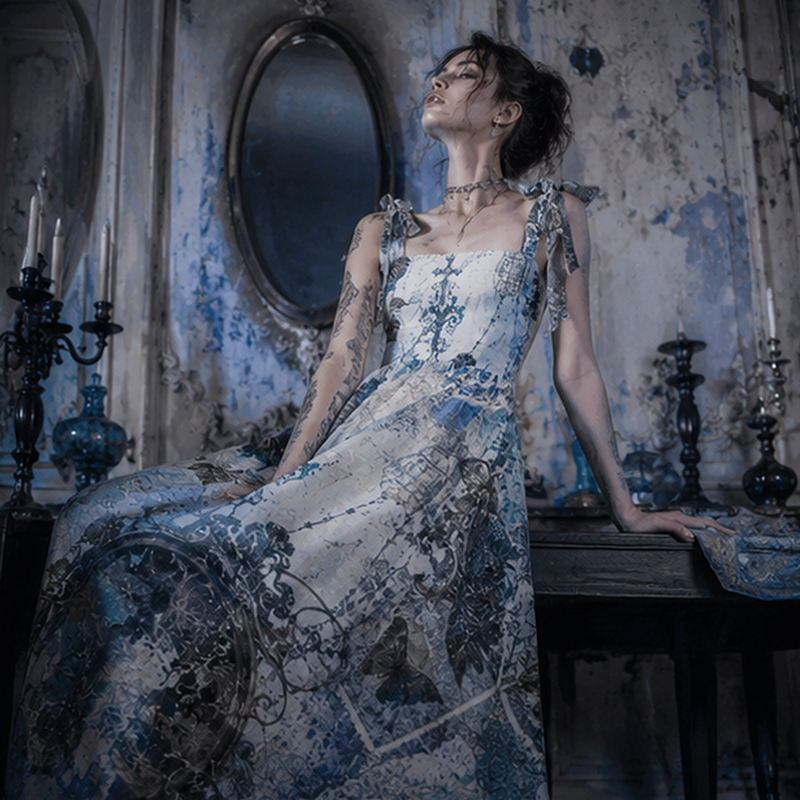 Personalized Gothic Maxi Dress Vintage Gothic Raven Ornate Frame Lace Print Tie Strap Flowy Maxi Dress