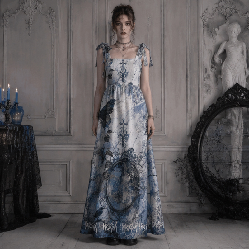 Personalized Gothic Maxi Dress Vintage Gothic Raven Ornate Frame Lace Print Tie Strap Flowy Maxi Dress