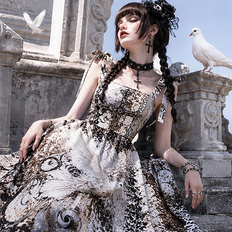 Personalized Gothic Maxi Dress Vintage Gothic Dove Cross Distressed Lace Print Tie Strap for Her