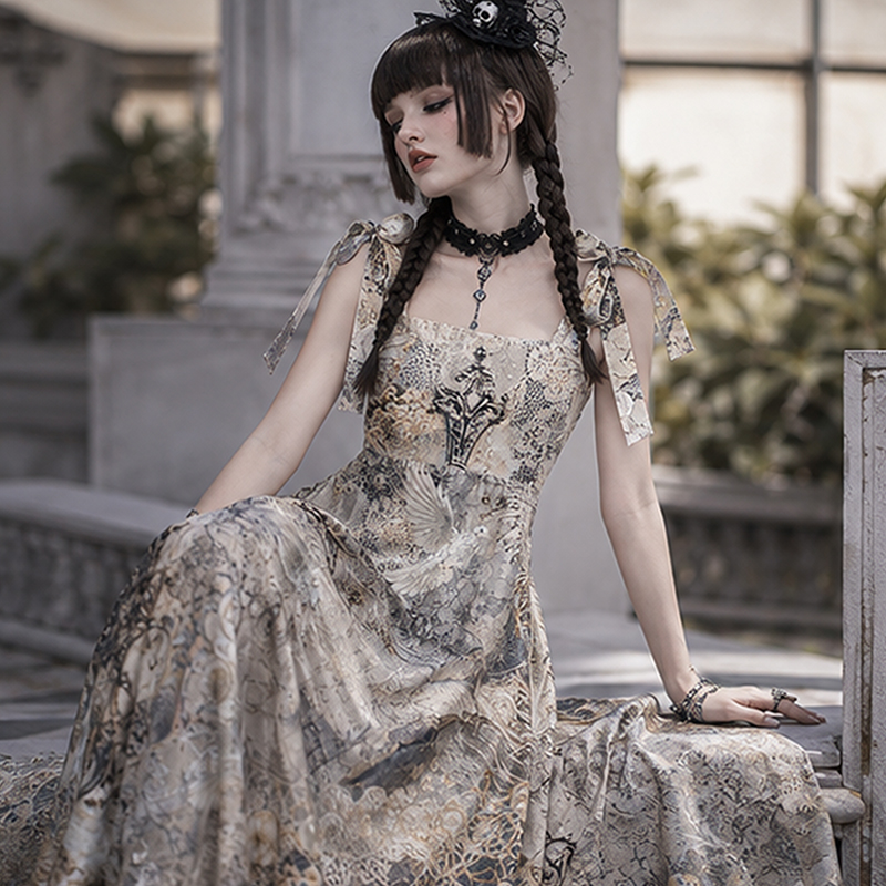 Personalized Gothic Maxi Dress Vintage Gothic Rose Dove Lace Distressed Print Tie Strap Flowy Dress