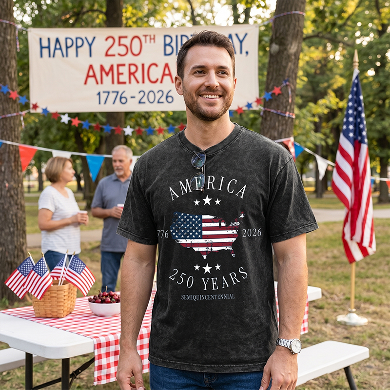 America 250th Anniversary 1776-2026 Vintage Washed T-Shirt - Patriotic USA Map Flag Graphic Tee