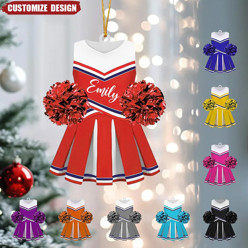 Personalized Cheerleader Acrylic Christmas Ornament with Custom Cheer Uniform and Pom Poms with Name