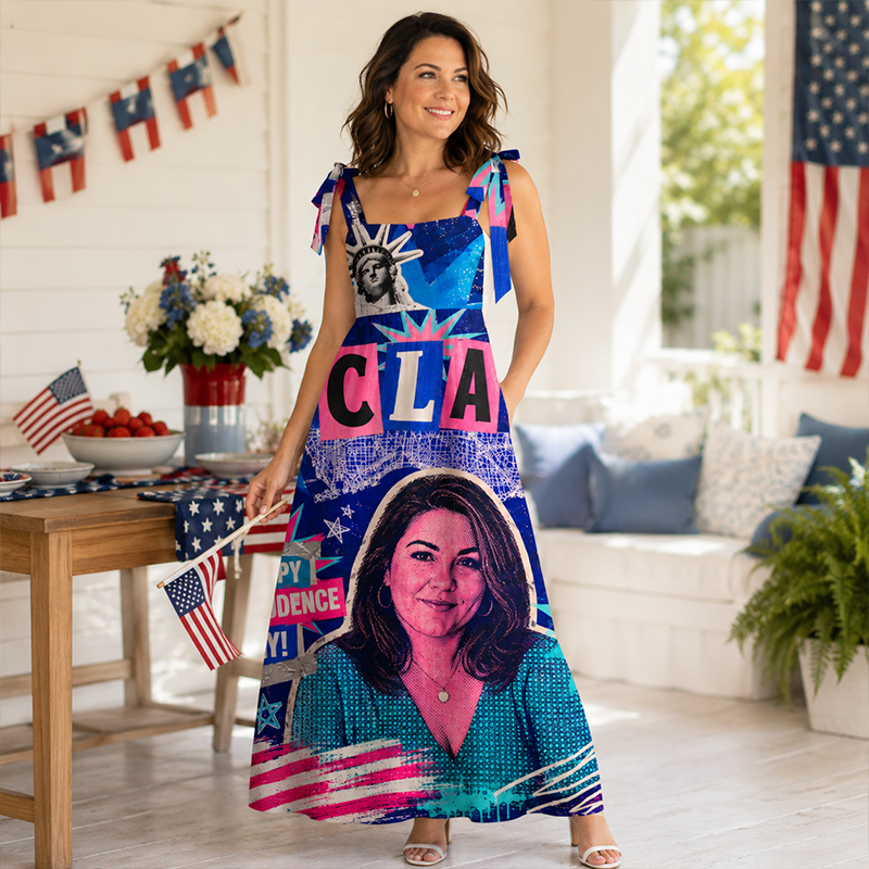 Personalized Pop Art Independence Day Maxi Dress Tie-Shoulder Custom Name Photo and State with Statue of Liberty Print for Patriotic