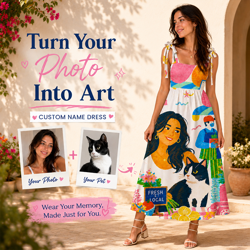 Personalized Colorful Illustrations Maxi Dress Tie-Shoulder Custom Name and Photo Casual Summer Sundress