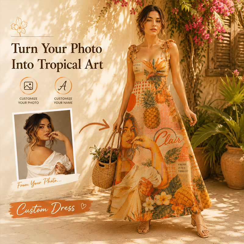 Personalized Vintage Tropical Collage Print Maxi Dress Tie-Shoulder Custom Name and Photo Summer Vacation Dress