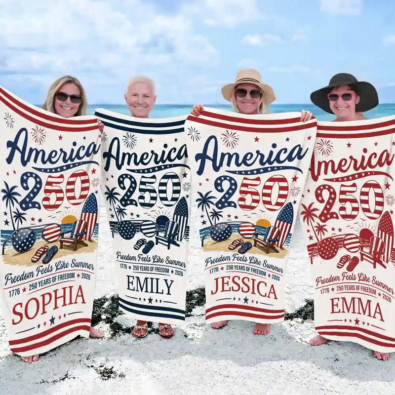 Personalized Beach Towel America 250 Freedom Feels Like Summer Custom Name for Summer
