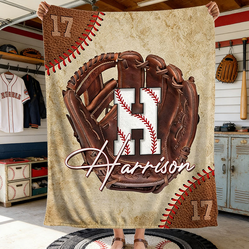 Personalized Baseball Lover’s Throw Blanket with Baseball Glove Design with Initials Name and Number Gift for Baseball Enthusiasts