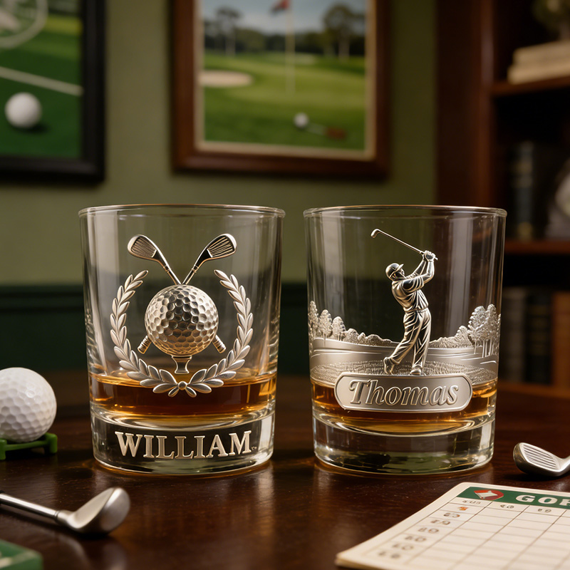 Personalized Golf Whiskey Glass 2D Metallic Style Print with Custom Name for Golf Lovers